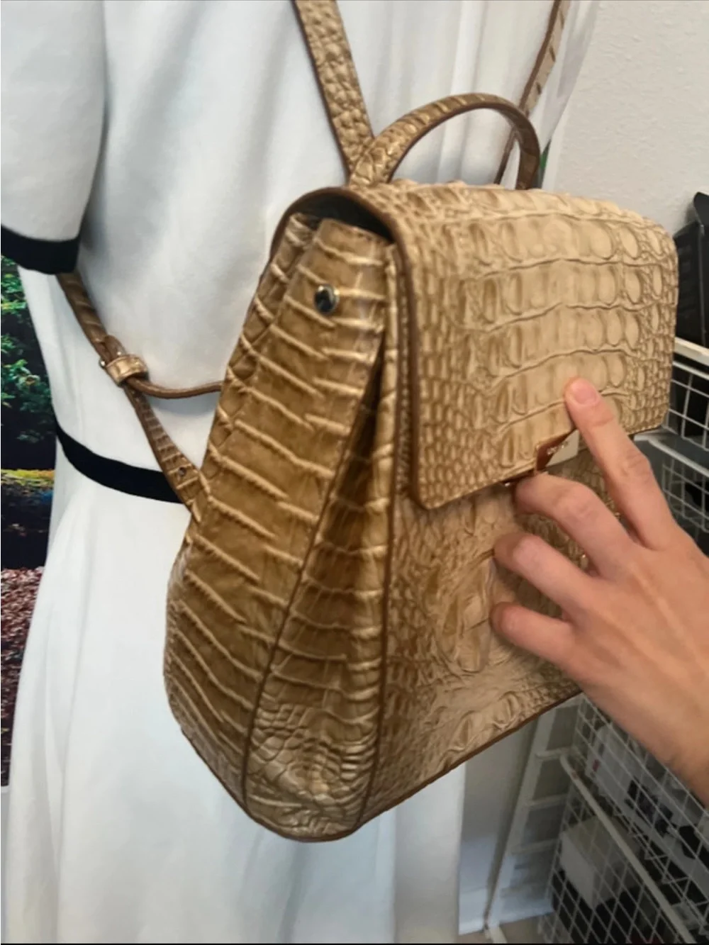 Brahmin Metallic Gold Croc-Embossed Backpack
